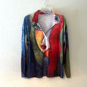 Mislook XL Women's Abstract, Face, Picasso Style, Long Sleeve, Blouse Top Bright